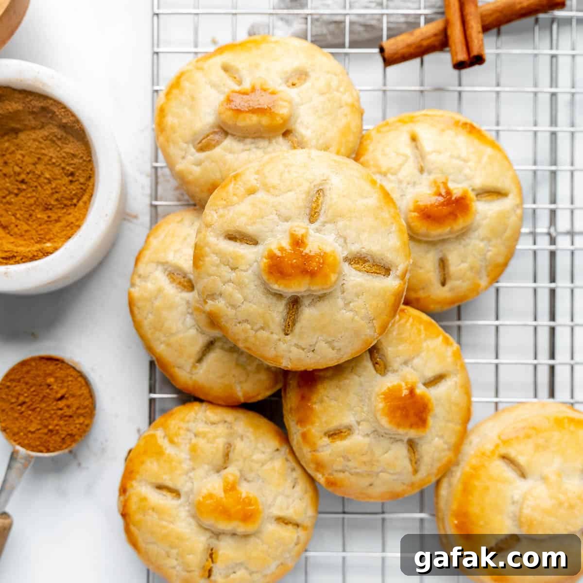 Mini Pumpkin Hand Pies: Flaky Autumn Pastry Recipe 2 An overhead view of pumpkin pies on a cooling rack with pumpkin spice and cinnamon sticks.