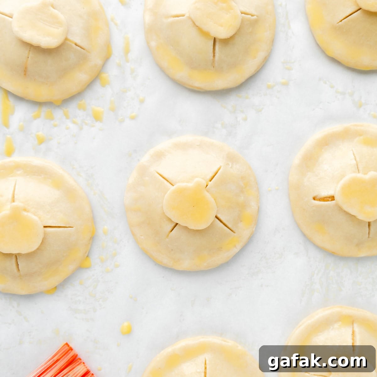 Mini Pumpkin Hand Pies: Flaky Autumn Pastry Recipe 14 Close up of hand pies with little pumpkin decorations.