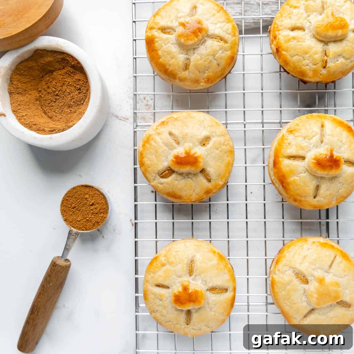 Mini Pumpkin Hand Pies: Flaky Autumn Pastry Recipe 15 hand pies on a cooling rack with a dish of pumpkin spice on the side