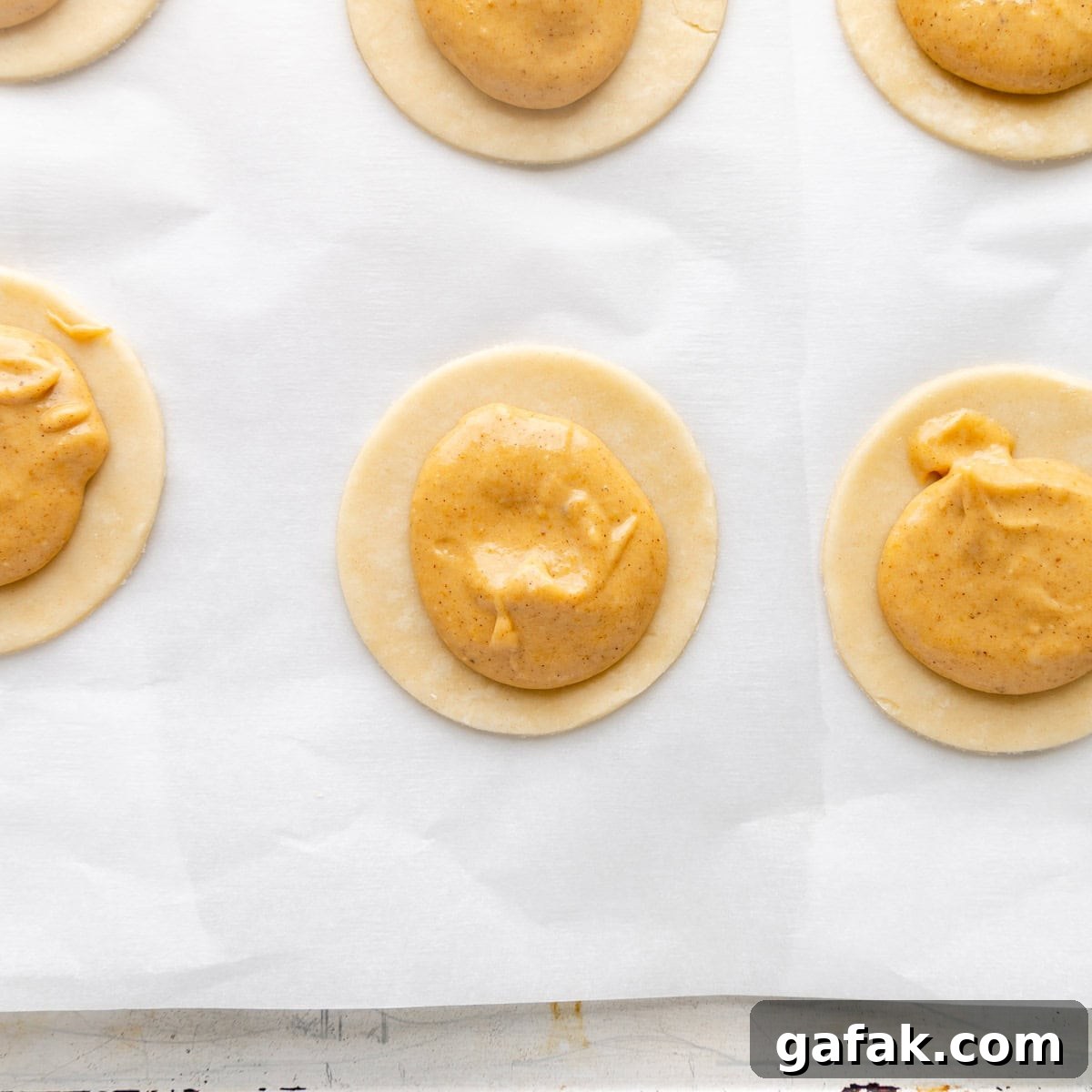Mini Pumpkin Hand Pies: Flaky Autumn Pastry Recipe 9 Pumpkin pie filling on pie dough circles on white parchment paper.