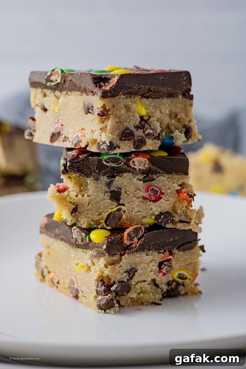 No-Bake Chocolate Chip Cookie Dough Bars Recipe for Dessert 2 cookie dough bars topped with chocolate