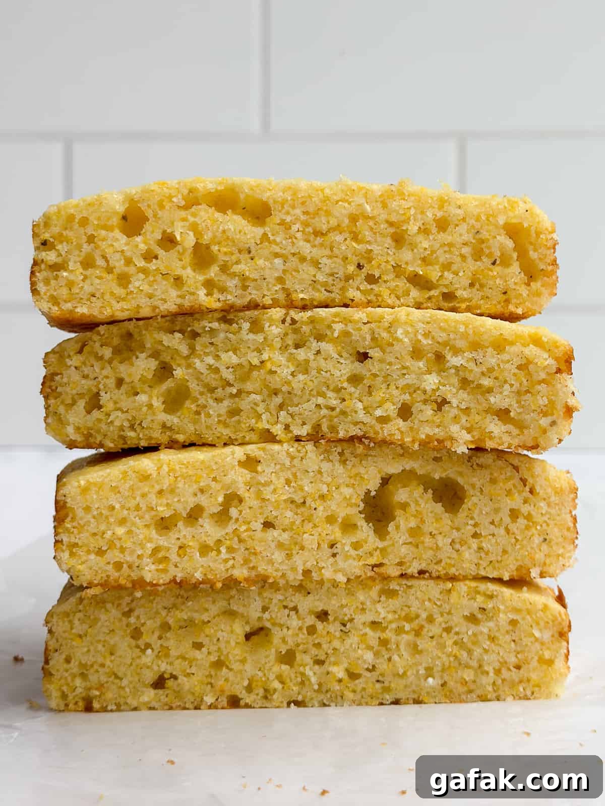 4 slices of small batch cornbread stacked on top of each other.
