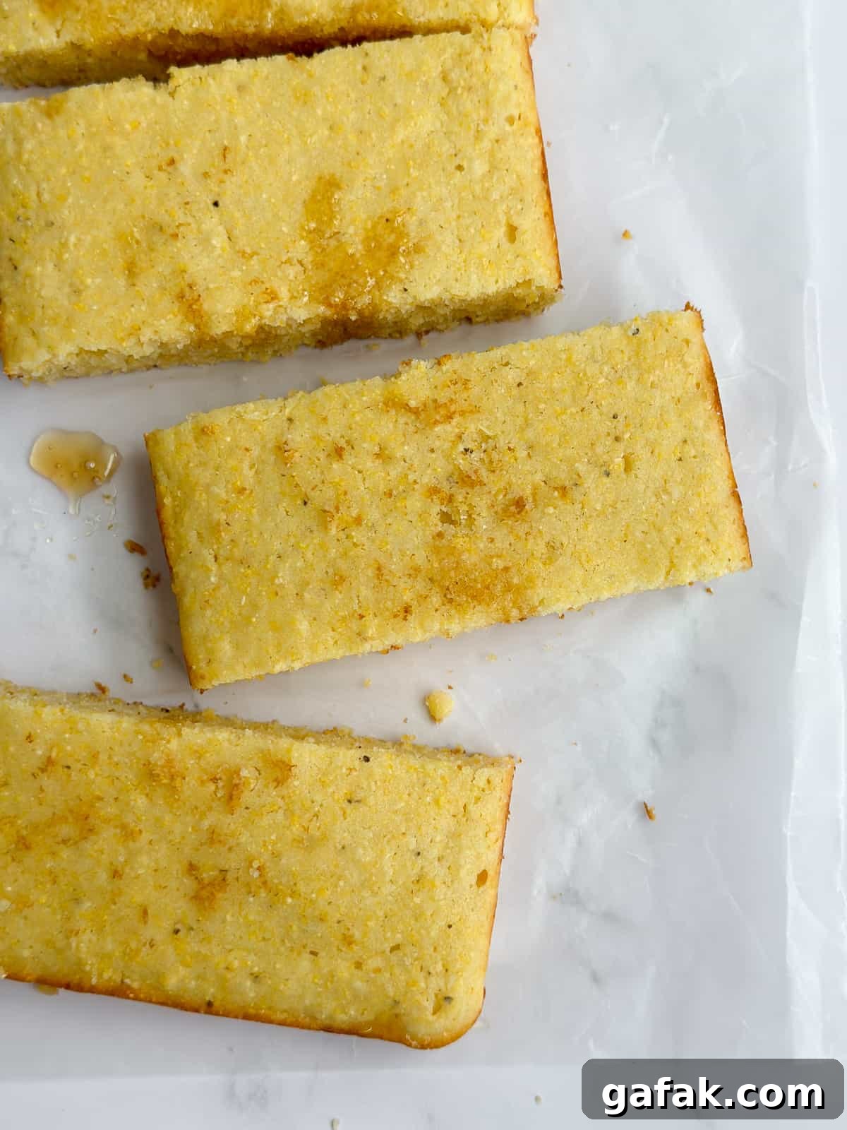 a closeup of a piece of the small batch cornbread.