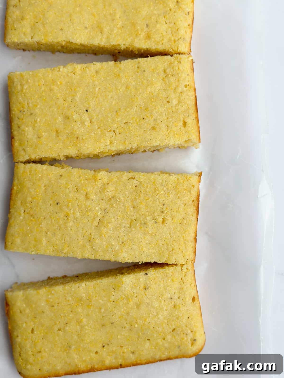 the slices of small batch cornbread staggered on some baking paper.