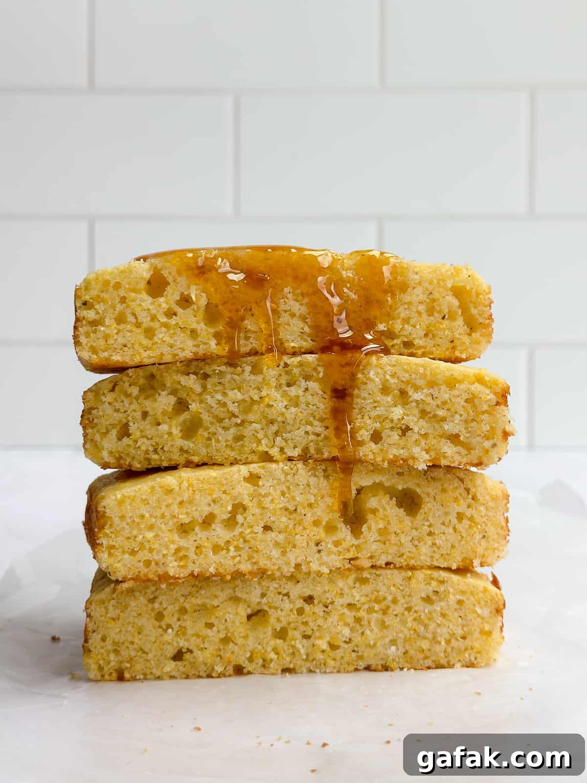 the cornbread with honey dripping down the top.