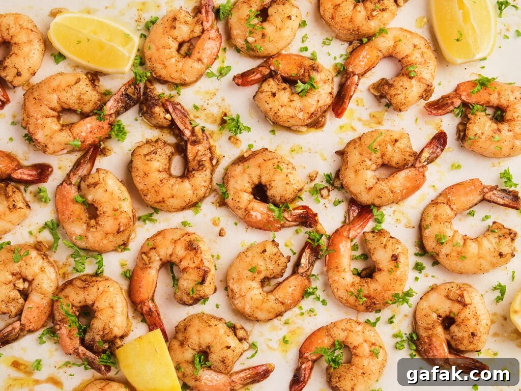 Cooked garlic butter shrimp garnished with chopped parsley are arranged on a white surface.