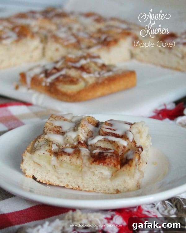 Classic German Apple Kuchen Recipe — Moist Spiced Apple Cake 2 Apple Cake, also known as an Apple Kuchen, simple vanilla cake, topped with sliced apples and a cinnamon sugar mixture. Makes a great presentation for any occasion!