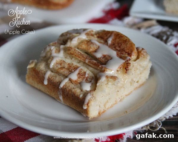Classic German Apple Kuchen Recipe — Moist Spiced Apple Cake 8 Apple Cake, also known as an Apple Kuchen, simple vanilla cake, topped with sliced apples and a cinnamon sugar mixture makes a great presentation for any occasion!