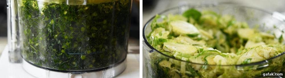 thinly sliced kale and brussels sprouts
