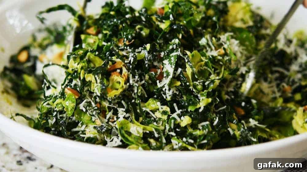 tossing kale and brussels sprout salad