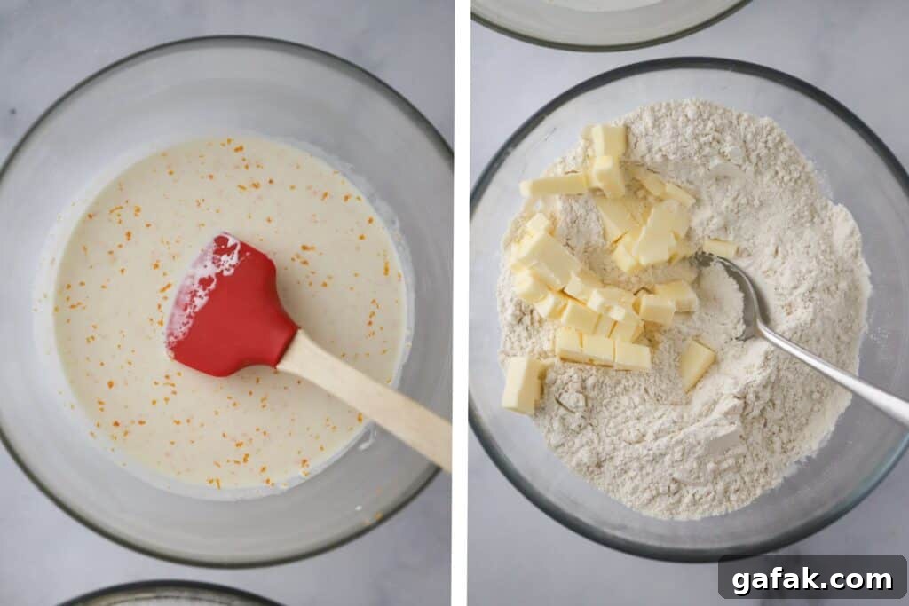 Mixing small pieces of butter into flour alongside orange zest in cream.