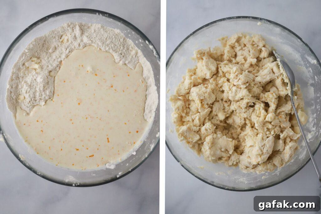 Scone dough being mixed together with a spoon.