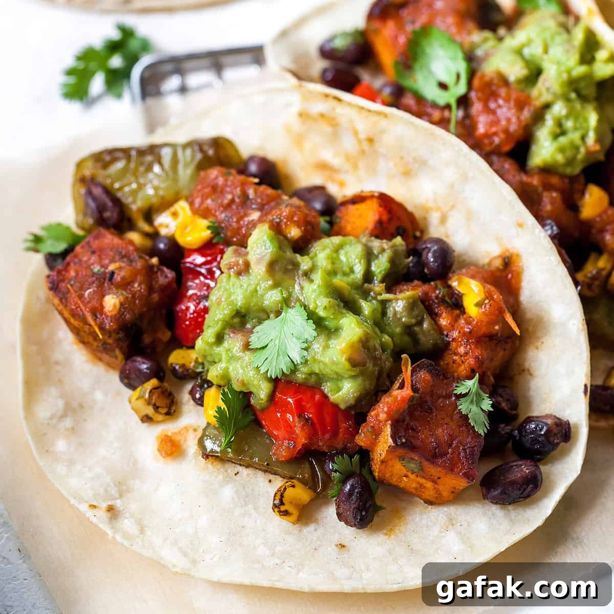 overhead view of black bean sweet potato tacos