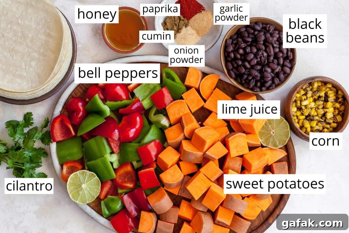 overhead view of the labeled ingredients in this sweet potato tacos recipe