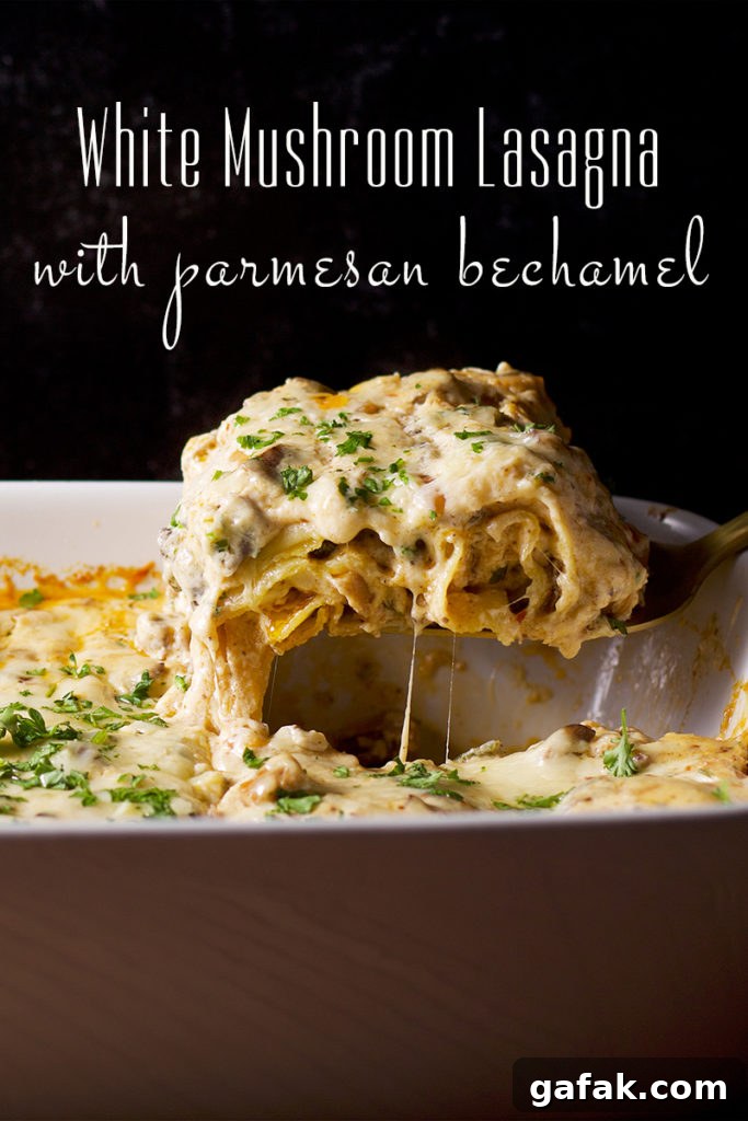 Creamy Mushroom Lasagna with Parmesan Béchamel Sauce 2 Someone using a spatula to serve a piece of white mushroom lasagna.