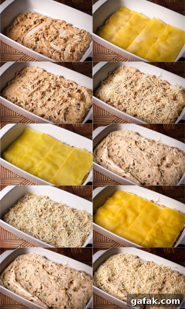 Creamy Mushroom Lasagna with Parmesan Béchamel Sauce 12 10 photos showing how to build the layers for white mushroom lasagna in a baking dish.