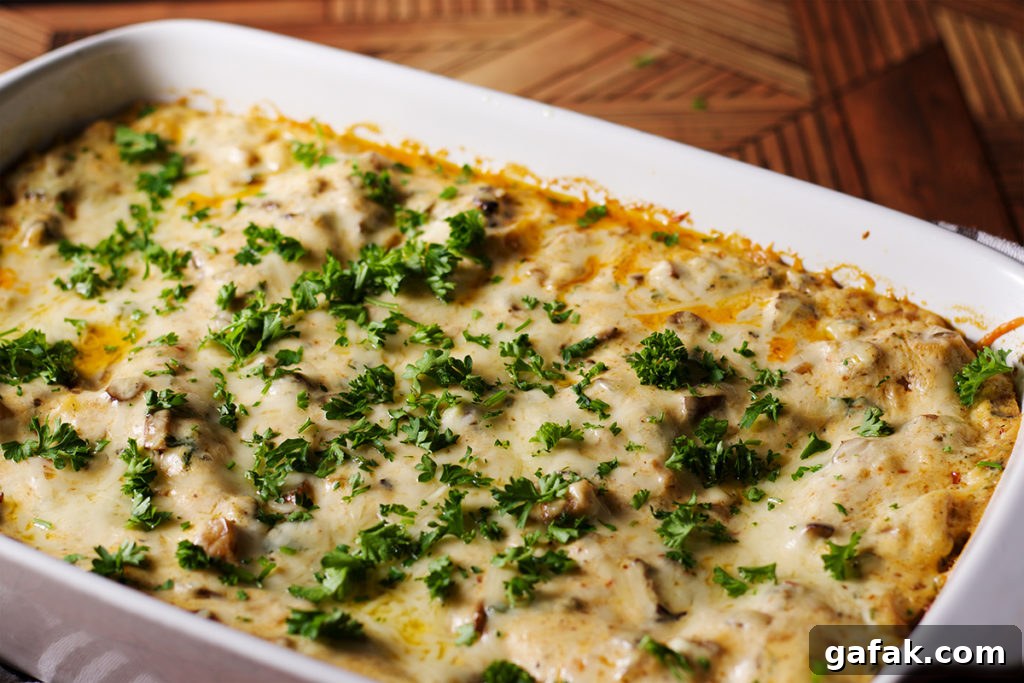 Creamy Mushroom Lasagna with Parmesan Béchamel Sauce 13 A freshly baked pan of white mushroom lasagna, ready to serve.