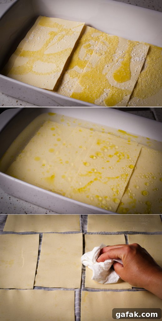 Creamy Mushroom Lasagna with Parmesan Béchamel Sauce 15 Three photos showing how to soak no-boil lasagna noodles in hot water, olive oil, and salt, then pat dry before using to make lasagna.