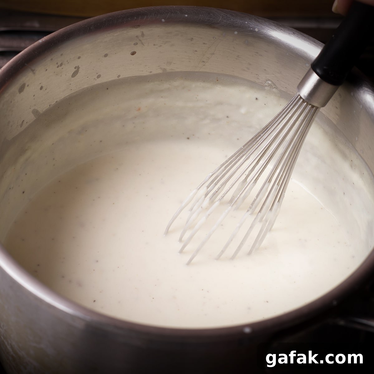 Creamy Mushroom Lasagna with Parmesan Béchamel Sauce 7 Someone using a wire whisk to stir béchamel sauce while it simmers in a saucepan.