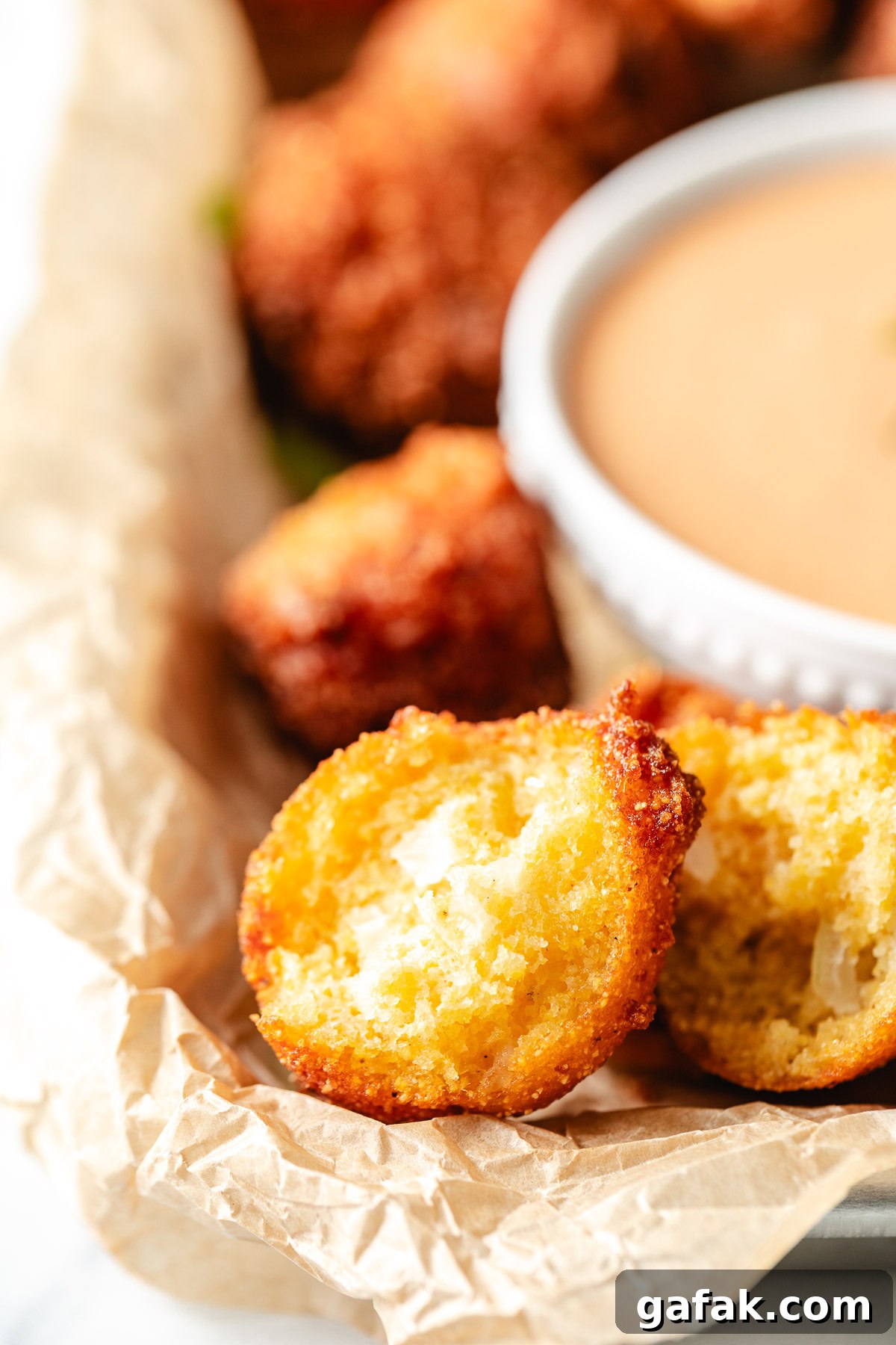 Half a hush puppy on a pan.