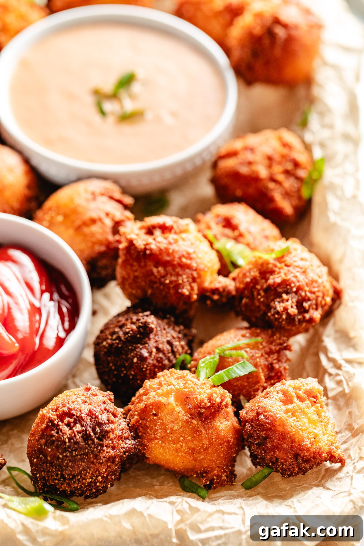 Ketchup and sauce next to a pan of hush puppies.