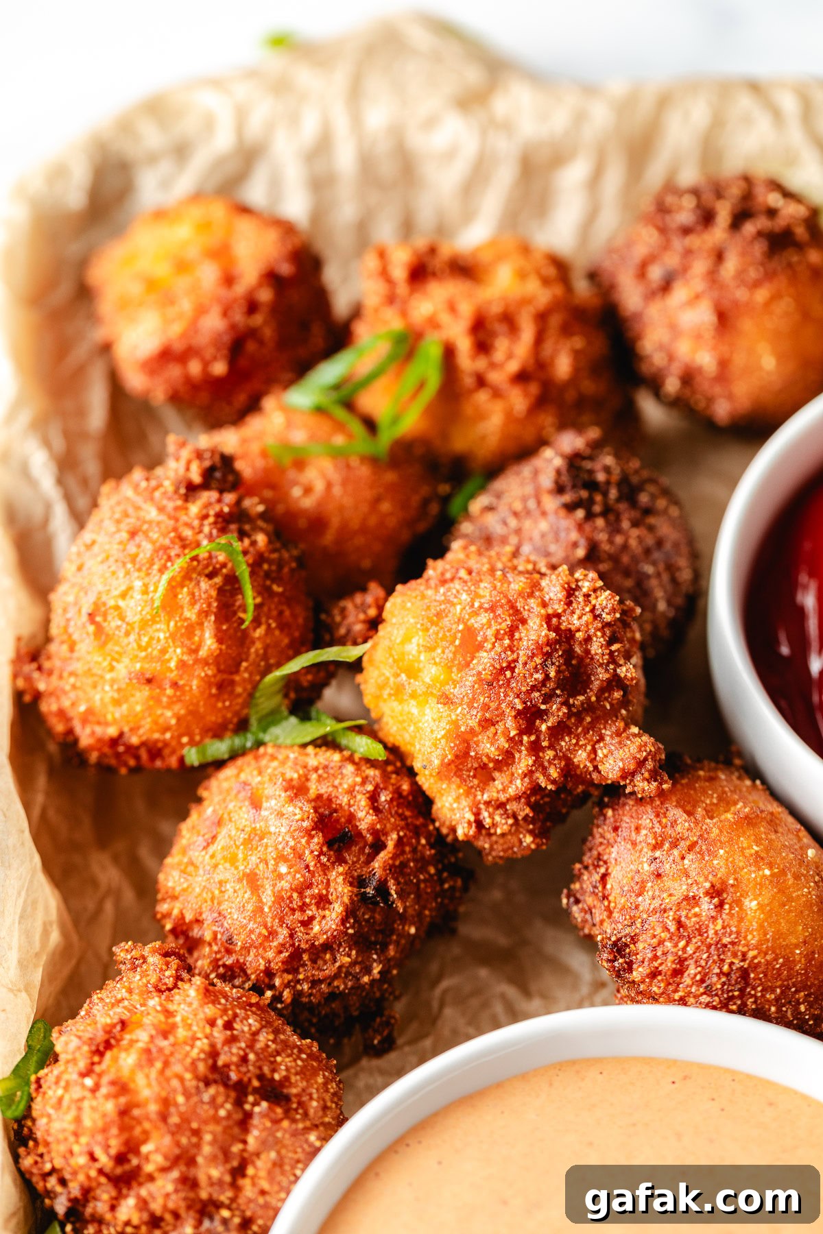 Fried hush puppies on a pan.