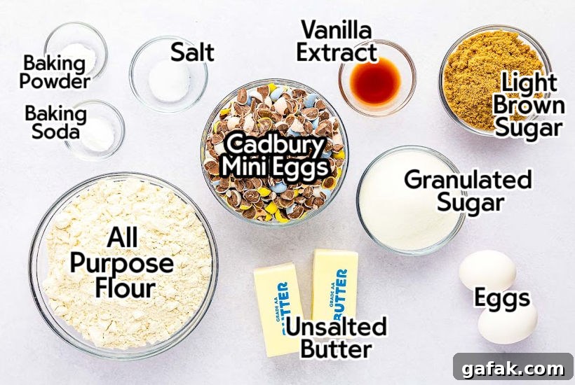 Ingredients needed to make Cadbury Mini Egg Cookie Bars with text labels overlay.