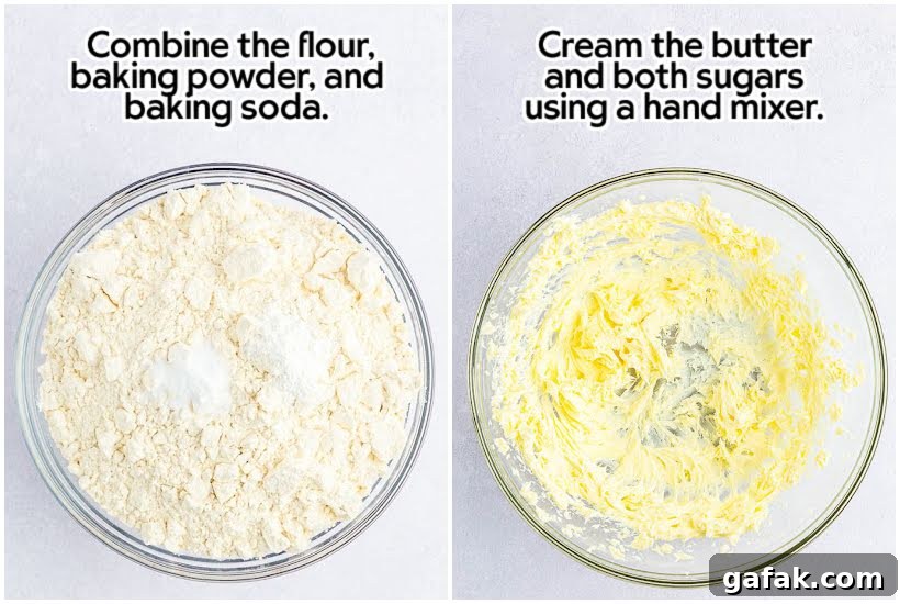 Two image collage of dry ingredients in a mixing bowl and butter and sugars in a mixing bowl with text overlay.