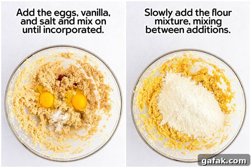 Two image collage of eggs, vanilla, and salt added to the batter and flour added with text overlay.