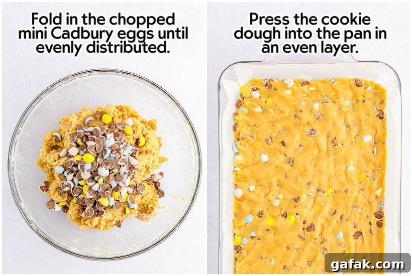 Two image collage of chopped mini Cadbury eggs added to the batter and cookie dough pressed into a 9x13 glass dish with text overlay.