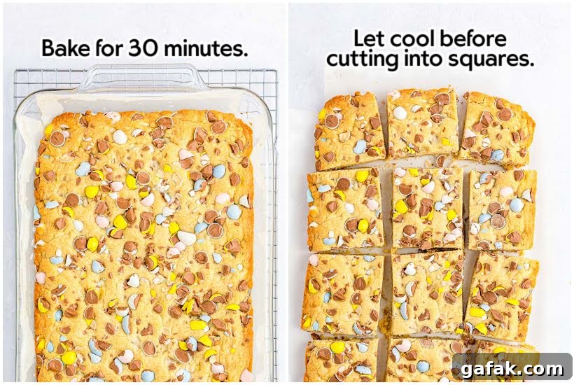 Side by side images of Cadbury tray bake bars in a 9x13 baking dish after baking and Cadbury Mini Egg Cookie Bars cut into squares with text overlay.