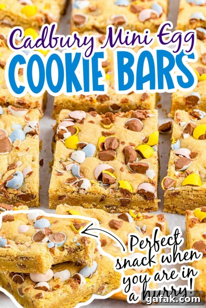 Cadbury Mini Egg Cookie Bars cut into squares with text overlay.