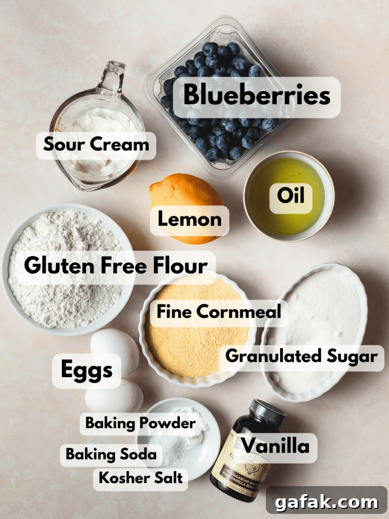 Gluten-Free Blueberry Cake Recipe with Moist, Tender Crumb 3 a collage of ingredients in small bowls needed to make a gluten free blueberry cake