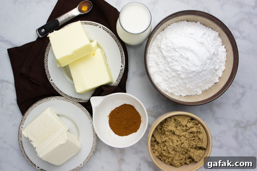a bowl of powdered sugar beside a plate of butter, cinnamon, cream cheese with a carafe of milk