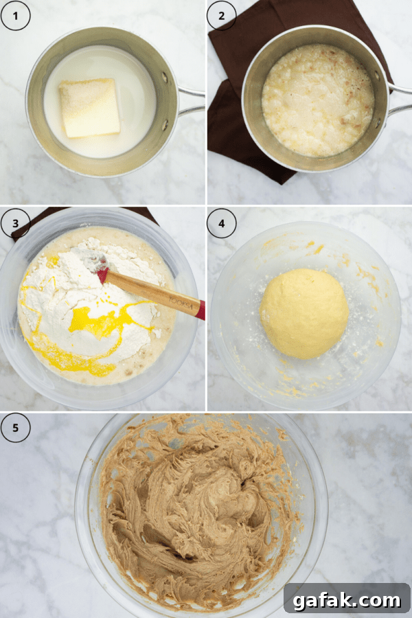 a bowl of butter and milk being proofed with yeast then being mixed with flour and eggs to form a dough.
