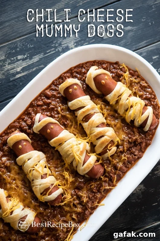 Chili Cheese Mummy Hot Dogs Recipe for Halloween Appetizer in a casserole 