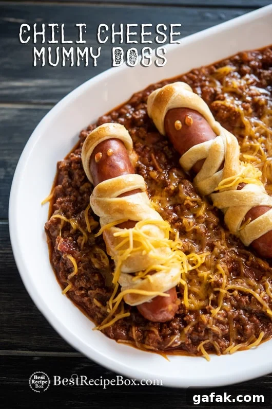 Chili Cheese Mummy Hot Dogs Recipe for Halloween Appetizer in a casserole 