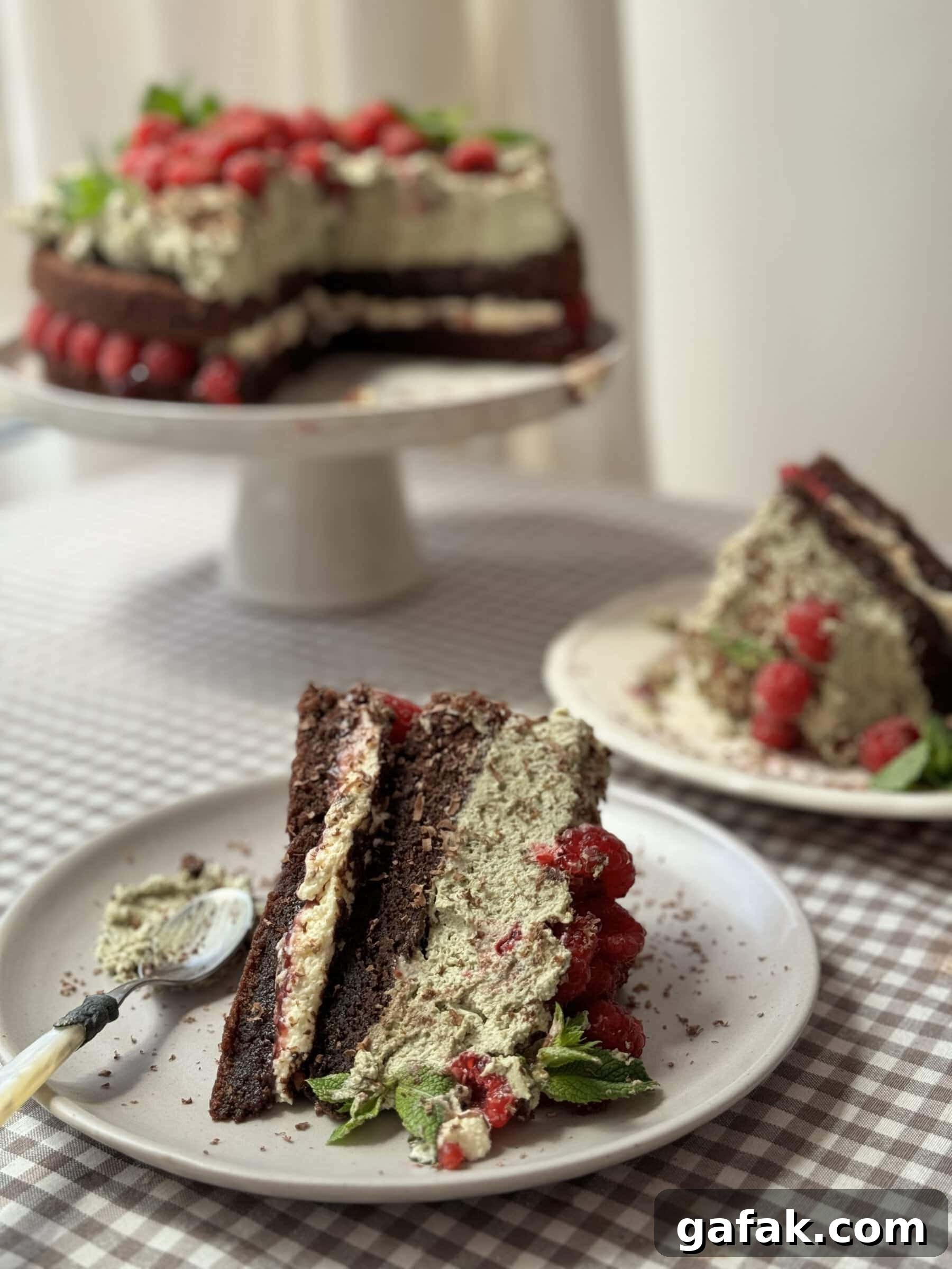 slice of chocolate raspberry cake on plate.