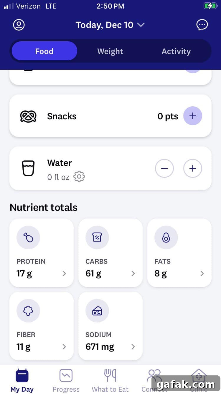 Screenshot from Weight Watchers food tracking app.