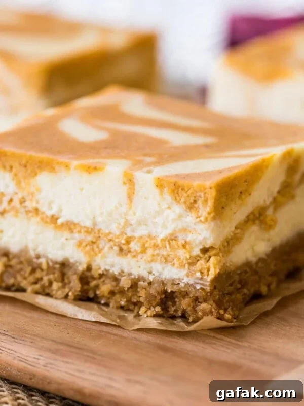Close-up of a swirled pumpkin cheesecake bar.