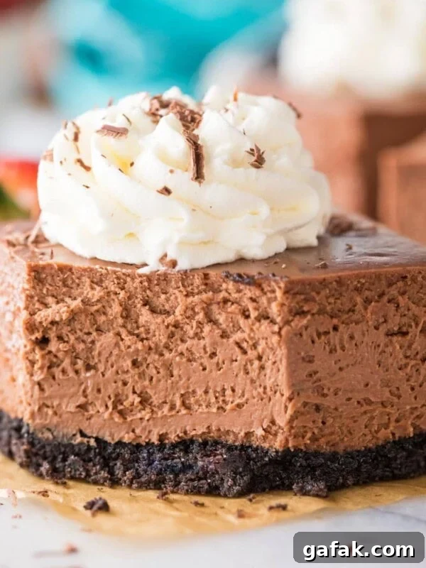 square cut chocolate cheesecake bar topped with whipped cream missing one bite
