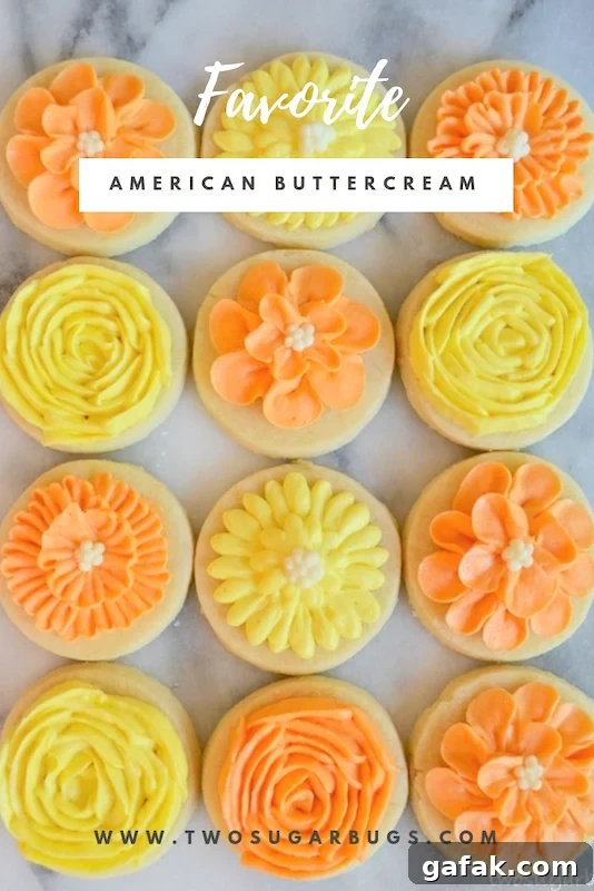 Favorite American Buttercream. Perfect for piping sugar cookies, cakes and cupcakes. #twosugarbugs #americanbuttercream #buttercreamfrosting