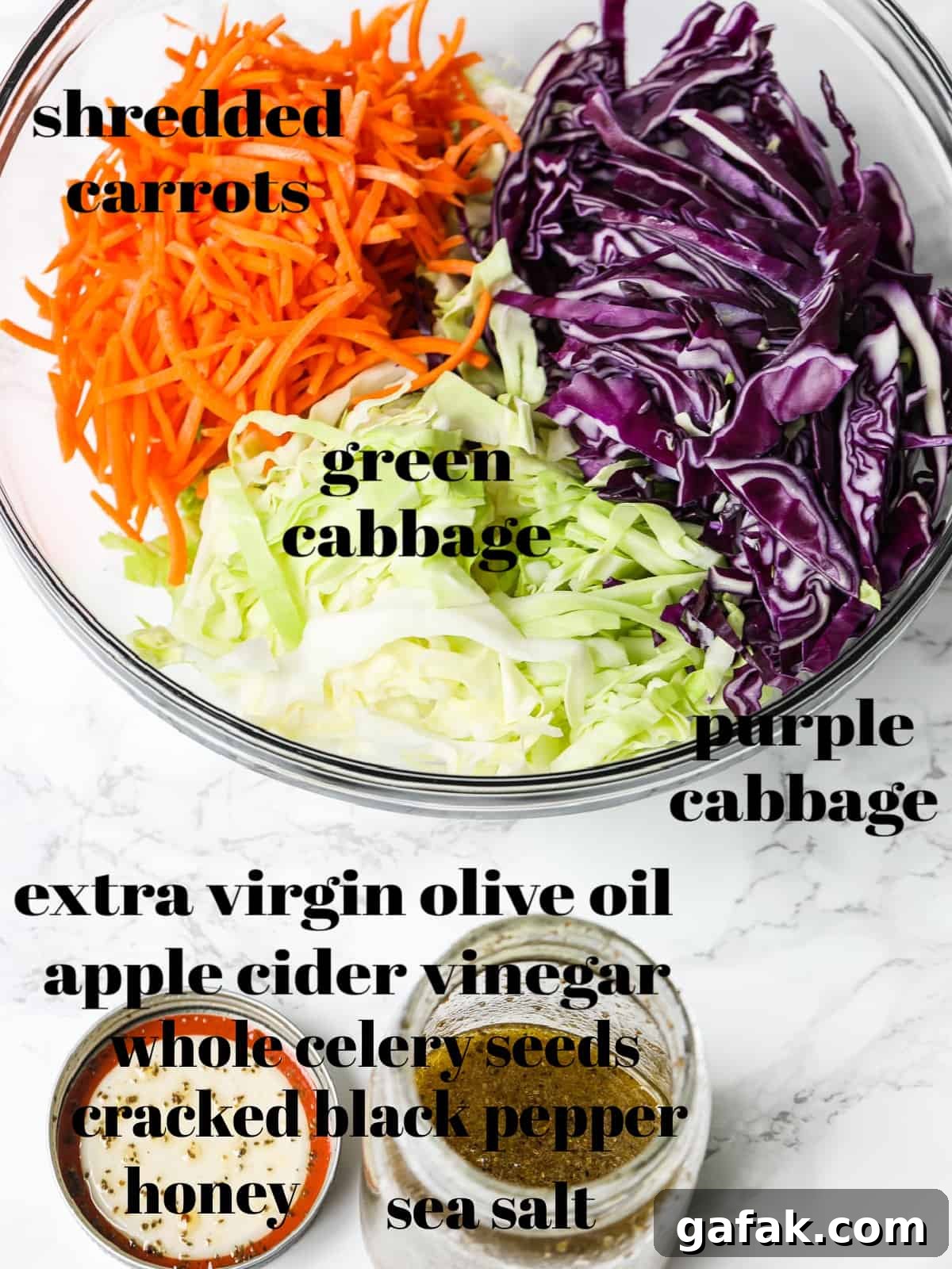 Coleslaw ingredients laid out on a surface.