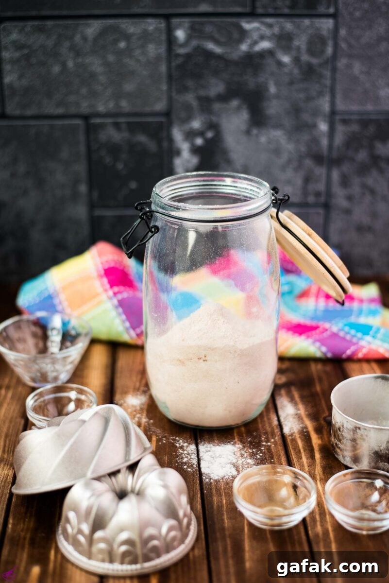 Mason jar, filled with homemade cake mix.