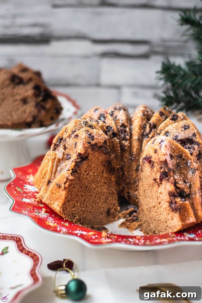 Gorgeous cranberry bundt cake with chocolate chips, cinnamon, and dried cranberries.