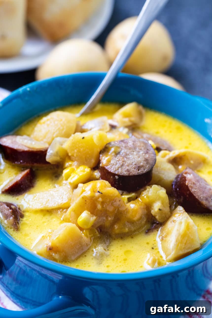 Slow Cooker Chowder in a blue bowl with a spoon.