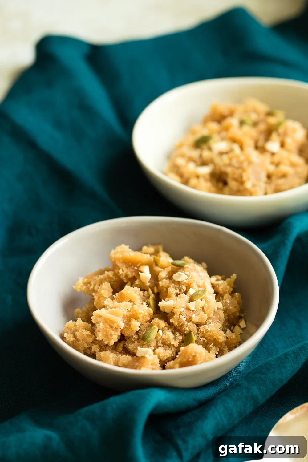 Vegan Almond Halwa - Instant Pot Badam Halwa in white and grey bowls