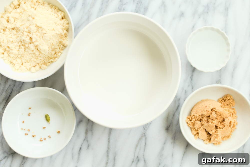 Ingredients for our Vegan Almond Halwa Instant Pot Badam Halwa in bowls