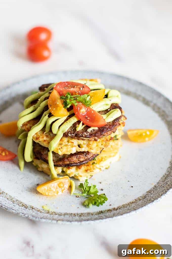 Cauliflower fritter and sausage stacks drizzled with avocado sauce and served with tomatoes.