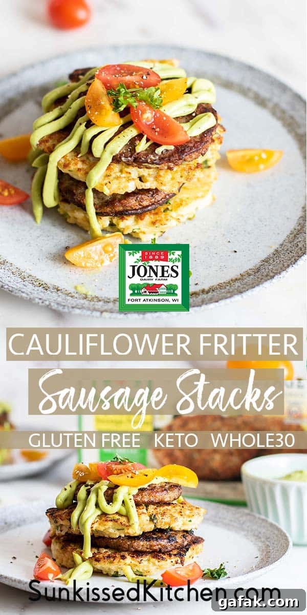 Two images showing cauliflower fritter sausage stacks drizzled with avocado sauce.